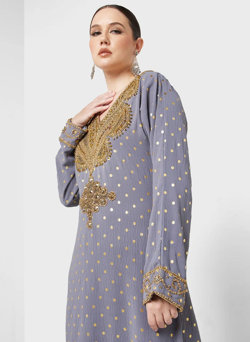ARABIAN CLOSET Embellished V- Neck Jalabiya