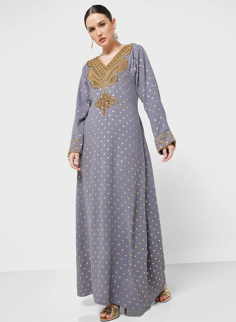 ARABIAN CLOSET Embellished V- Neck Jalabiya