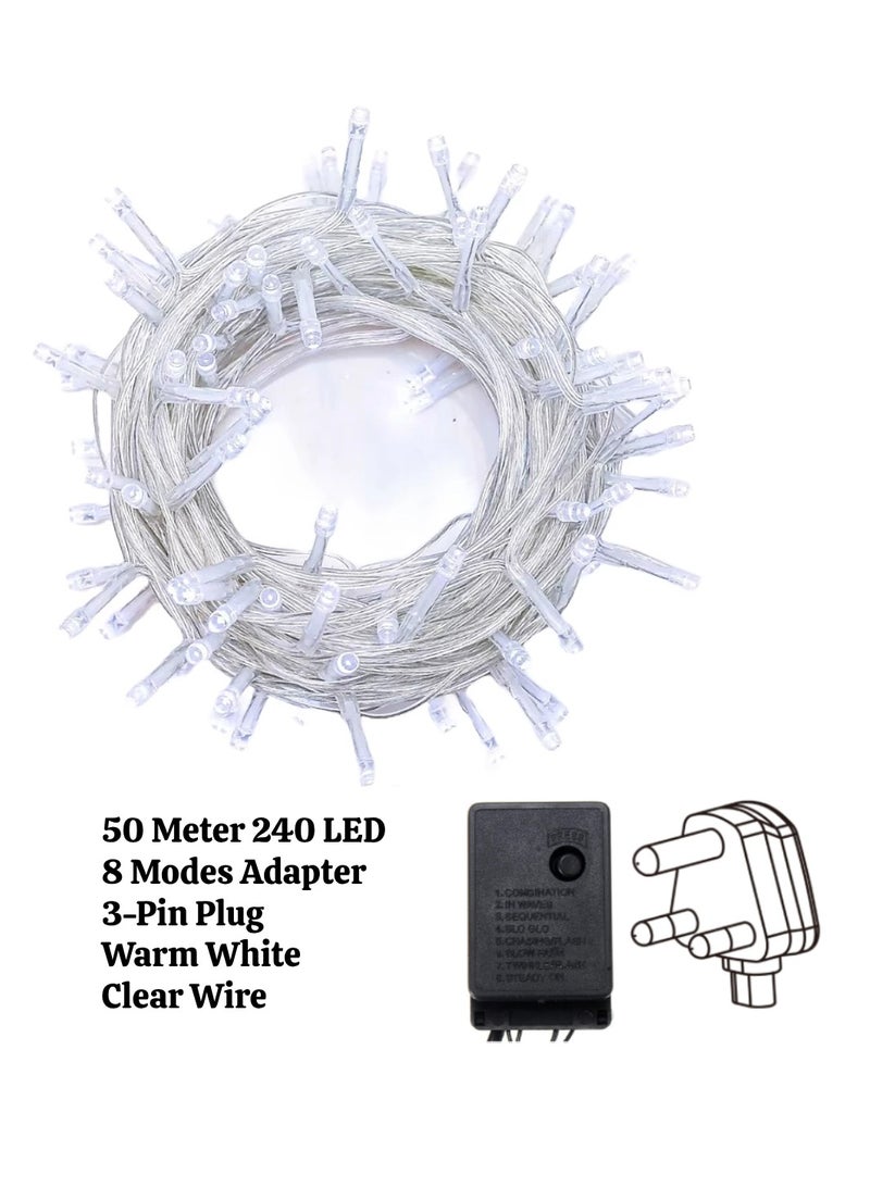 يوويل 50 متر 240 أضواء LED سلسلة أضواء الديكور الضوء الأبيض الدافئ 8 أوضاع LED ضوء سلك واضح لديكورات المنزل أضواء رمضان ديكور داخلي وخارجي رمضان ضوء الديكور أضواء ديوالي أضواء الستار مع قابس المملكة المتحدة 3 دبوس - Image 2