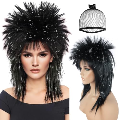 BESTBELHair Cap 80s Wig Black Sliver Mullet Wig for Women Rocking Diva Wigs Long Spiky Wigs with Bangs Rocker Punk Hair for Halloween Costume Womens Christmas Outfit Disco Night Bachelorette Party - Image 1