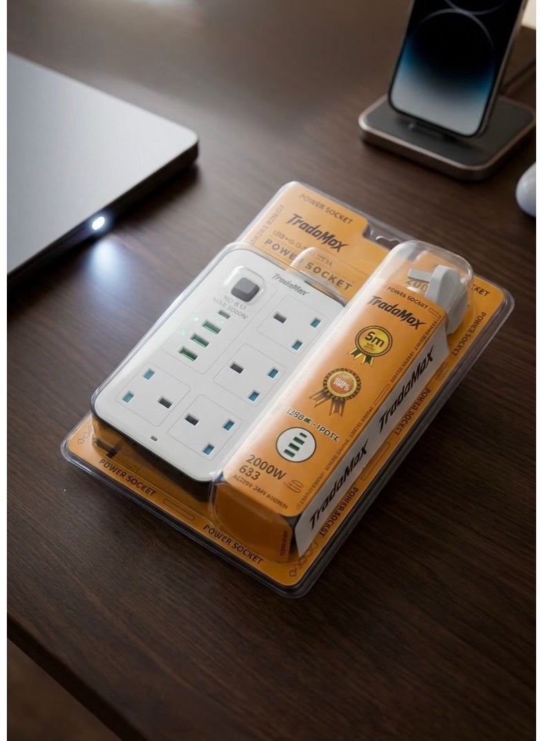 تراداماكس Multi-Outlet Power Strip , 4 Way Electrical Adapter with 3 USB Ports and PD Type-C Port , Power Socket Extension , Electrical Power Converter , Large Power Strip , Multi-Socket Extension Cord , High-Quality Power Strip Supports Up To 2000 Watts , Includes 3 USB Ports for Charging Smartphones and Tablets , Supports PD Fast Charge Technology Compatible with Latest iPhone and Android Devices , Operates at 13A Standard Current and 220-240V Voltage , Equipped with Child Safety Shutter for Extra Protection against Tampering , Includes On/Off Switch for Total Control , Durable and Heavy-Duty Design for Home and Office Use , Safe and Heat-Resistant Power Outlet , Long-Life Electrical Extension for Connecting Multiple Devices Simultaneously , Compliant with Electrical Safety Standards , Ideal Solution for Phone Charging and Small Home Appliances , 3-Pin Power Plug with Smart Charging Features , Multi-Functional Power Output for Kitchen Rooms and Offices. - Image 1