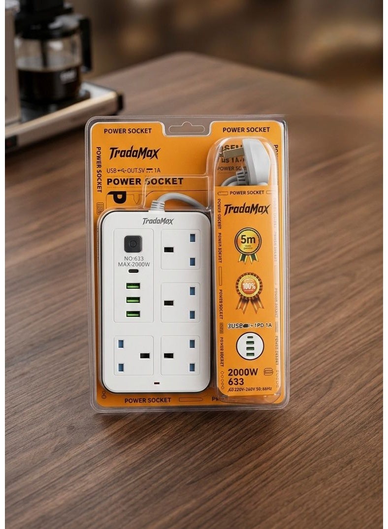 تراداماكس Multi-Outlet Power Strip , 4 Way Electrical Adapter with 3 USB Ports and PD Type-C Port , Power Socket Extension , Electrical Power Converter , Large Power Strip , Multi-Socket Extension Cord , High-Quality Power Strip Supports Up To 2000 Watts , Includes 3 USB Ports for Charging Smartphones and Tablets , Supports PD Fast Charge Technology Compatible with Latest iPhone and Android Devices , Operates at 13A Standard Current and 220-240V Voltage , Equipped with Child Safety Shutter for Extra Protection against Tampering , Includes On/Off Switch for Total Control , Durable and Heavy-Duty Design for Home and Office Use , Safe and Heat-Resistant Power Outlet , Long-Life Electrical Extension for Connecting Multiple Devices Simultaneously , Compliant with Electrical Safety Standards , Ideal Solution for Phone Charging and Small Home Appliances , 3-Pin Power Plug with Smart Charging Features , Multi-Functional Power Output for Kitchen Rooms and Offices. - Image 4