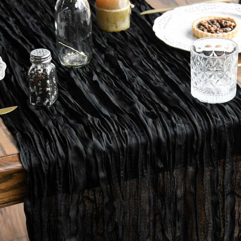 Artoid Mode Boho Black Gauze Wedding Cheesecloth Table Runner, 35x120 Inch Seasonal Fabric Kitchen Dining Holiday Table Decor for Home Party - Image 1