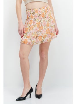 Women Floral Print Pull On Mini Skirts, Orange Combo