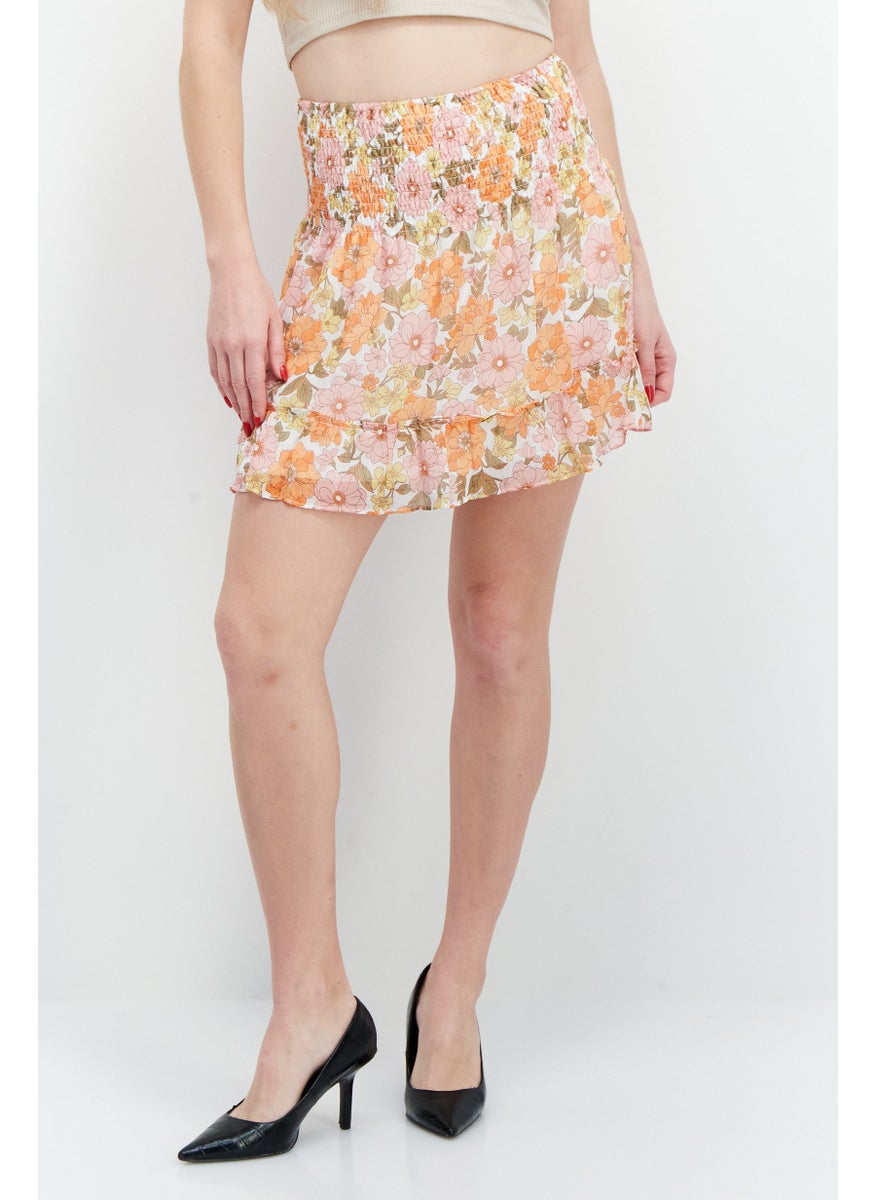 Aqua Women Floral Print Pull On Mini Skirts, Orange Combo  - Image 1