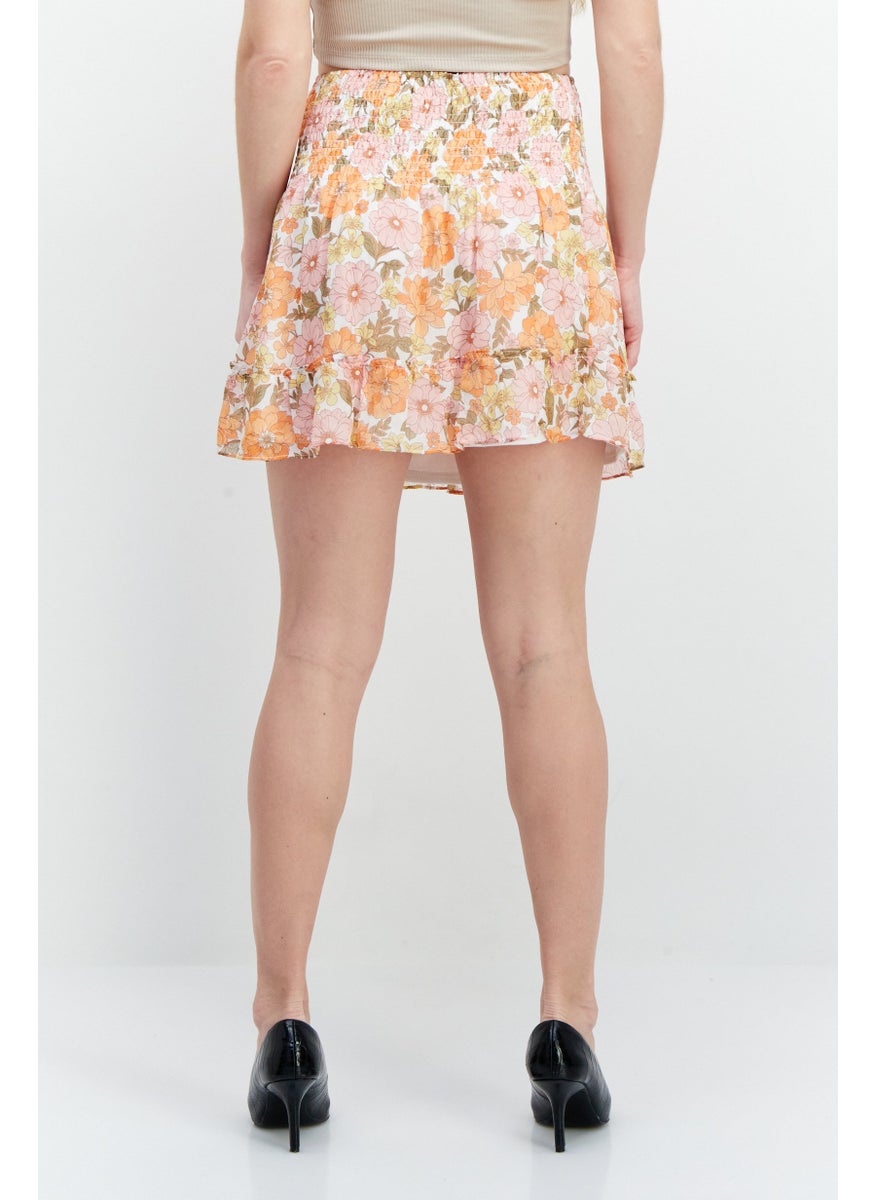 Aqua Women Floral Print Pull On Mini Skirts, Orange Combo  - Image 2