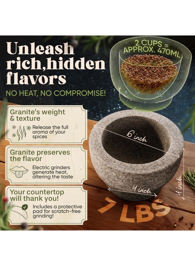 ChefSofi Mortar and Pestle Set - Unpolished Heavy Granite for Enhanced Performance and Organic Appearance - INCLUDED: Anti-Scratch Protector + Italian Recipes EBook - 6 Inch, 2 Cup-Capacity - Image 2