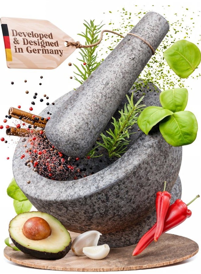 ChefSofi Mortar and Pestle Set - Unpolished Heavy Granite for Enhanced Performance and Organic Appearance - INCLUDED: Anti-Scratch Protector + Italian Recipes EBook - 6 Inch, 2 Cup-Capacity - Image 1