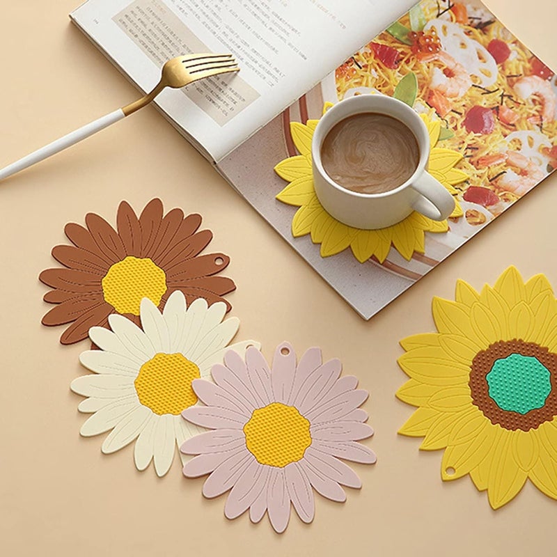 BENCI AntiHot Silicone Trivet Mat 75 Inch Daisy Flower Shape Heat Resistant Anti Slip Place Mat for Hot Pots Pans Holder Kitchen Insulation Coaster Hot Pad for Dishes Brown Set of 4 - Image 3