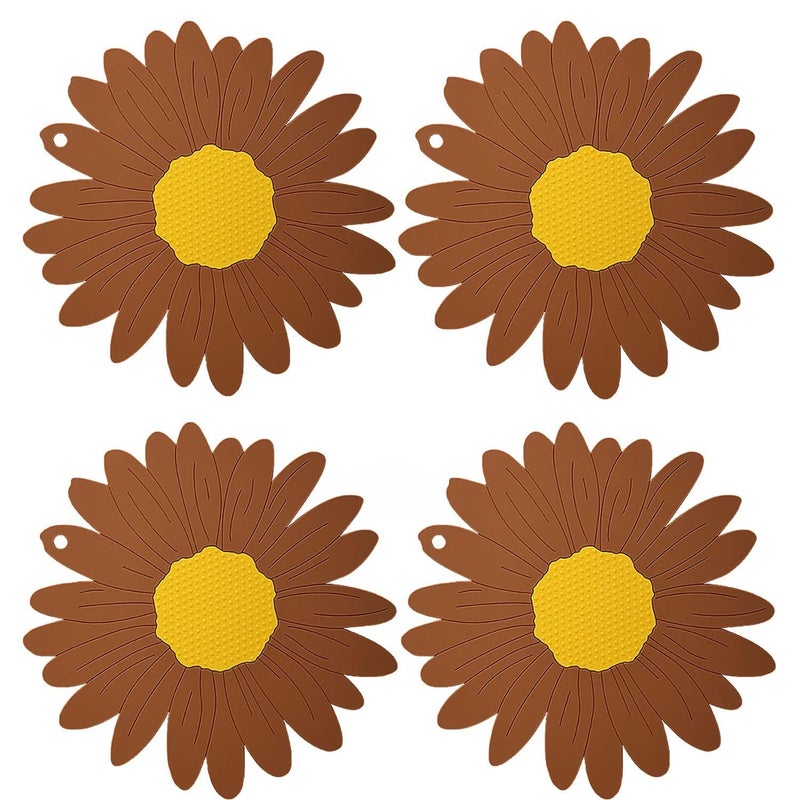 BENCI AntiHot Silicone Trivet Mat 75 Inch Daisy Flower Shape Heat Resistant Anti Slip Place Mat for Hot Pots Pans Holder Kitchen Insulation Coaster Hot Pad for Dishes Brown Set of 4 - Image 1
