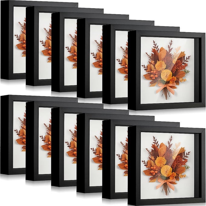 12 PCS SHADOW BOX BULK DISPLAY CASE PLASTIC SHADOW BOX PICTURE FRAME FOR PHOTOS FLOWER WEDDING BOUQUETS PET MEMORIAL GRADUATION OBJECT BUTTERFLY TICKETS WALL TABLETOP8 X 8 INCH BLACK
