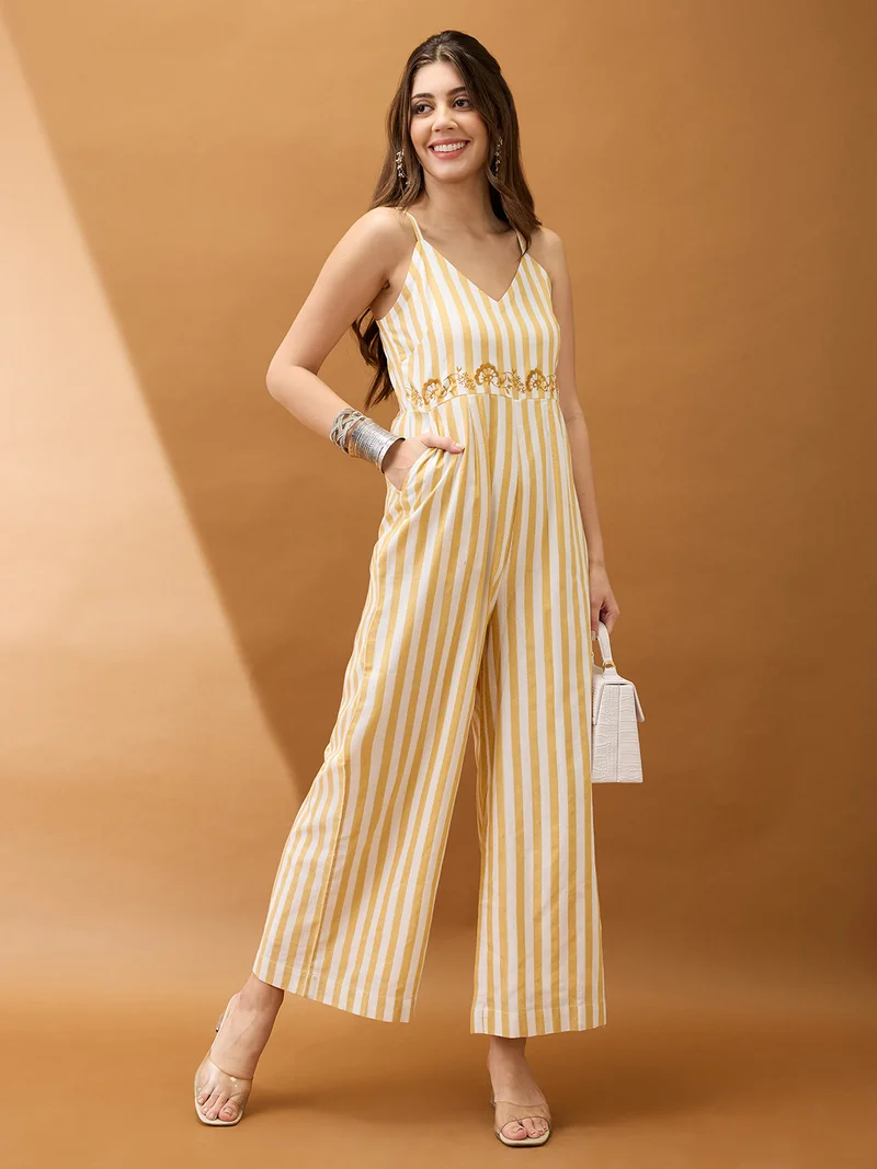 globus Women Yellow Striped V-Neck Shoulder Strap Embroidered Detail Wide Leg Fusion Jumpsuit