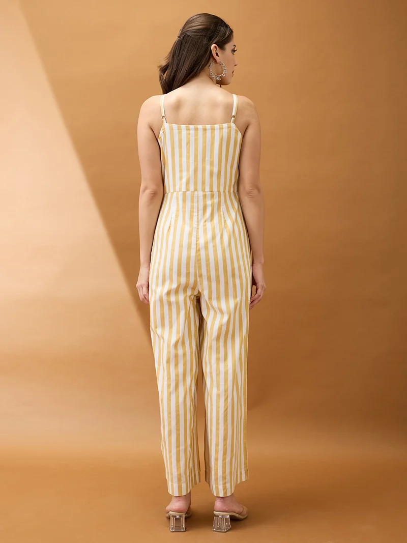 globus Women Yellow Striped V-Neck Shoulder Strap Embroidered Detail Wide Leg Fusion Jumpsuit