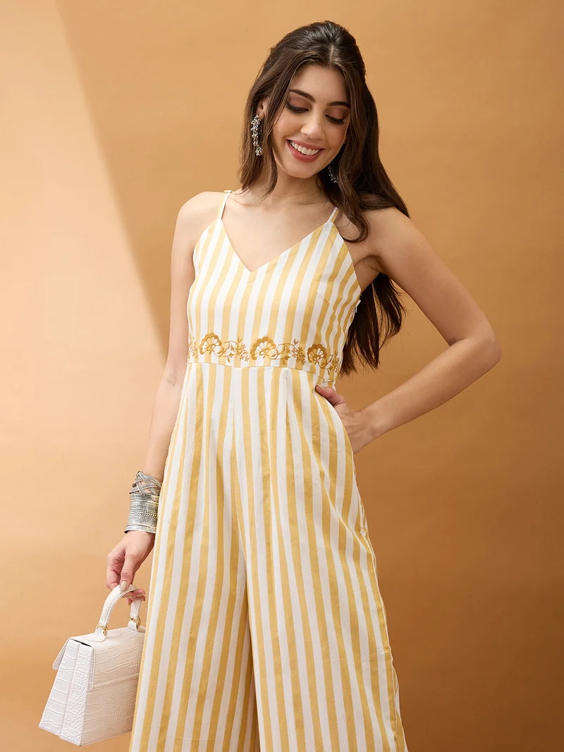 globus Women Yellow Striped V-Neck Shoulder Strap Embroidered Detail Wide Leg Fusion Jumpsuit