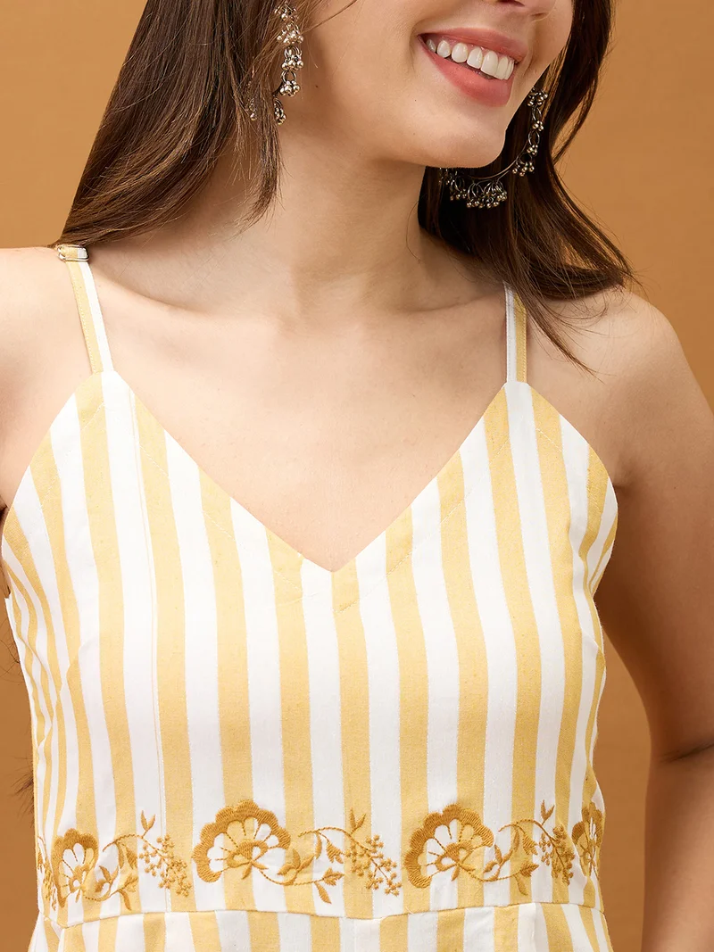 globus Women Yellow Striped V-Neck Shoulder Strap Embroidered Detail Wide Leg Fusion Jumpsuit