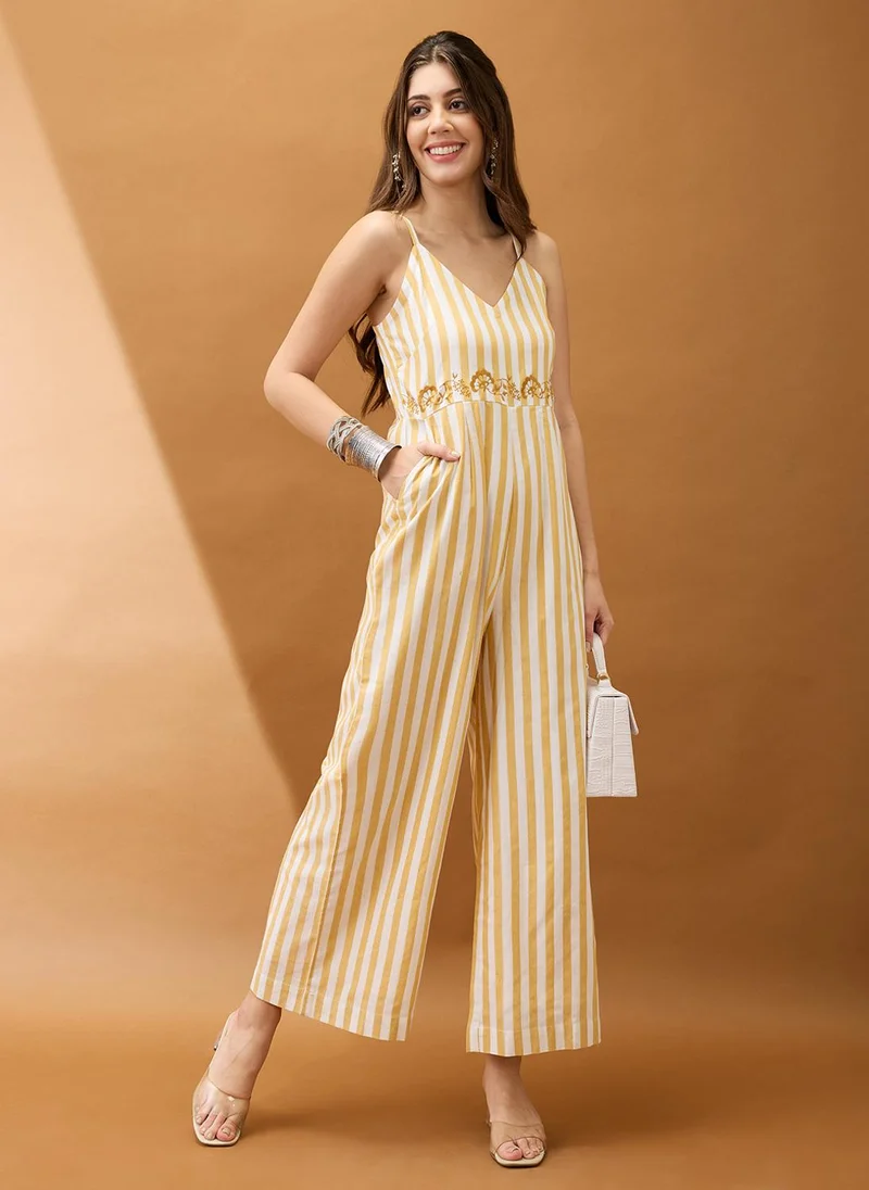Globus Women Yellow Striped V-Neck Shoulder Strap Embroidered Detail Wide Leg Fusion Jumpsuit