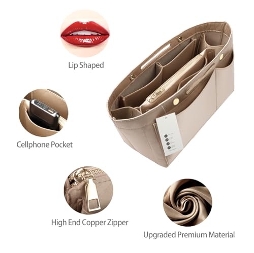 ZTUJO Purse Organizer Insert For Handbags, Silky Bag Organizer With 2 Zippers For Speedy Neverful Tote and More (Beige, Small) - Image 5