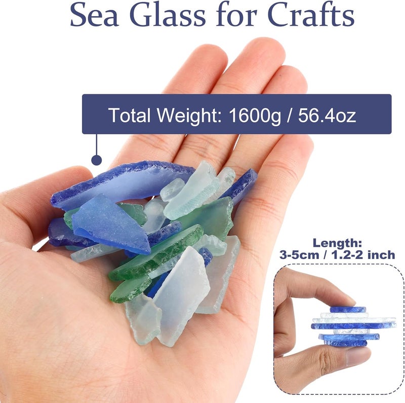 SENENQU 1600g Sea Glass for Crafts, 3-5cm Flat Sea Glass Vase Filler, Frosted Crushed Sea Glass Pieces for Wedding Party Decor Home Aquarium Decor DIY Art Craft - White, Green, Blue - Image 2