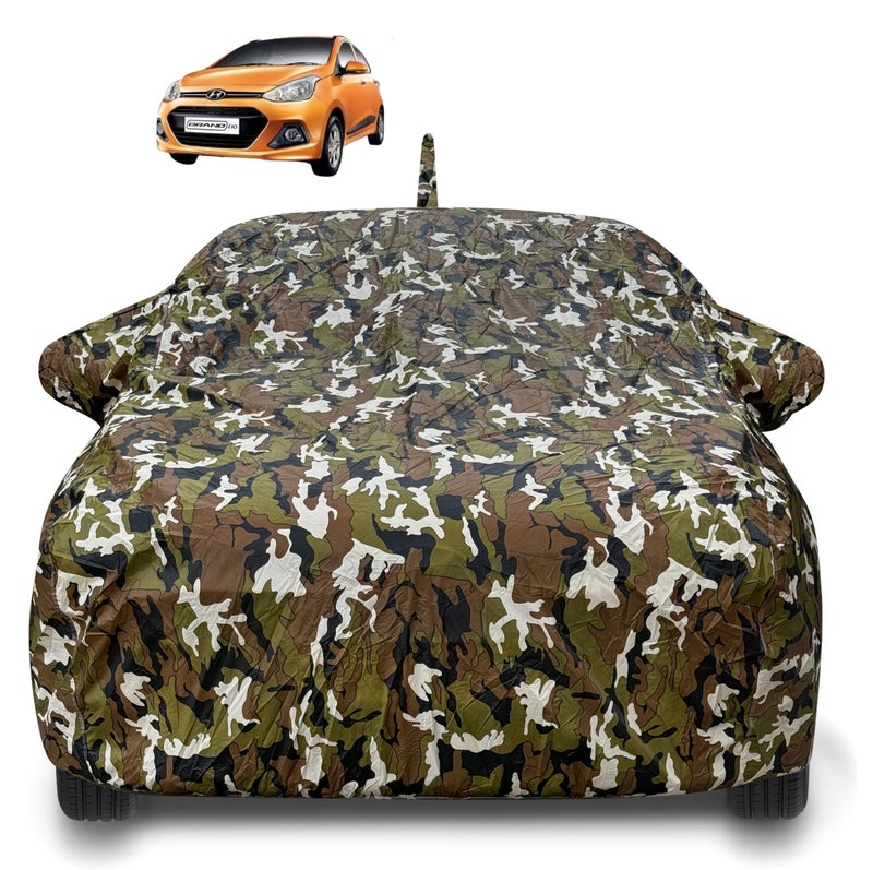 Auto Hub Waterproof Car Cover Compatible with Hyundai Grand i10 with Antenna & Mirror Pockets, Soft Cotton Lining, Grand i10 Car Cover Waterproof, Army, Multicolour - Image 1