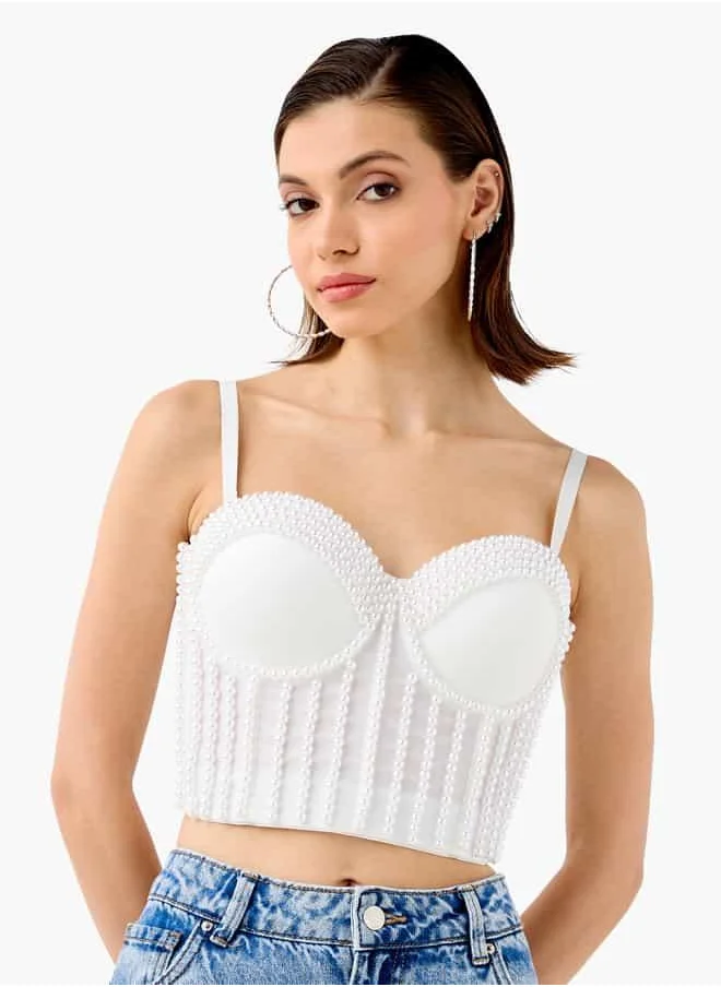 تواكستريمز Pearl Embellished Strappy Crop Top