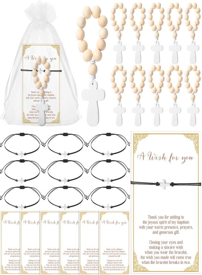 Ecation 24 Sets Baptism Favors Wooden Rosary with Cross Religious Bracelets Greeting Card Organza Bags for Baby Shower Christening - Image 1