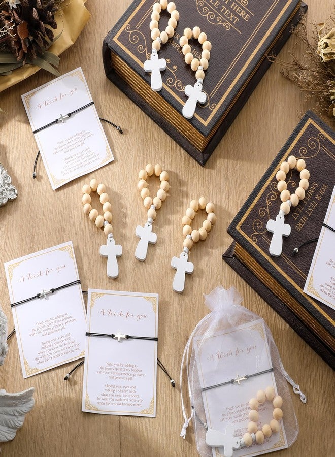 Ecation 24 Sets Baptism Favors Wooden Rosary with Cross Religious Bracelets Greeting Card Organza Bags for Baby Shower Christening - Image 5
