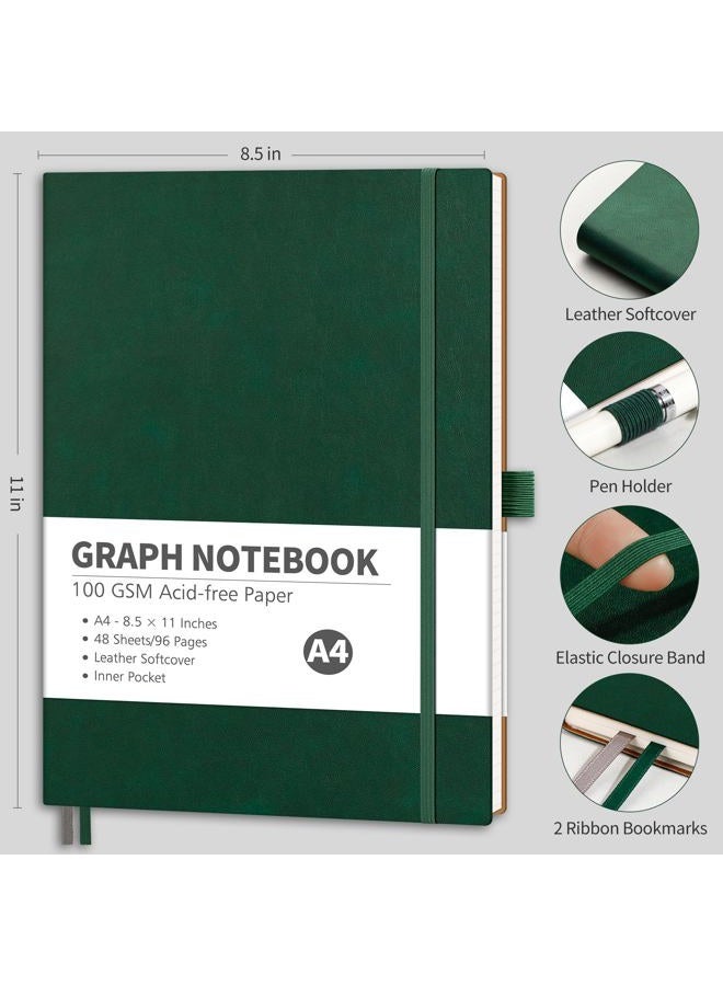RETTACY Graph Paper Notebook - Graph Grid Paper Notebook with 96 Pages, Notebooks for Work, School, 100 GSM Paper, Leather Softcover, Inner Pocket, 8.5'' × 11'' (Dark Green) - Image 2