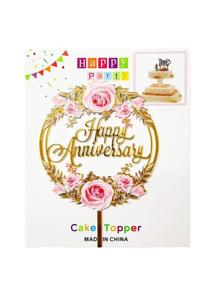 Party Time Party Time Round Floral Design Acrylic Golden Color Happy Anniversary Cake Topper for Anniversary Decoration/Happy Anniversary Cake Decoration Item - Cake Topper 