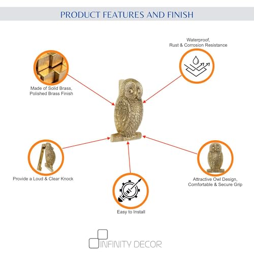 Infinity Decor Solid Brass Owl Shaped Door Knocker in Polished Brass Finish – Premium Quality Hand Door Knocker for Entrance Front Door Furniture - Image 4