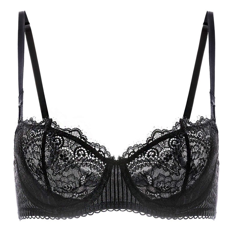 DOBREVA Women's Sexy Lace Push Up Plus Size Bra Sheer Balconette Underwire Unlined Black_Eyelash lace 36DD - Image 1