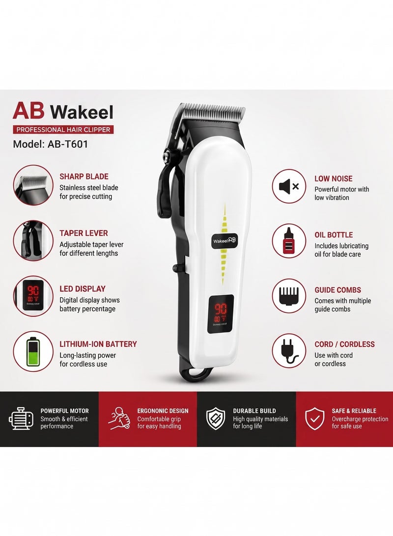 AB Wakeel AB-T601 Professional Cordless Hair Clipper for Men with LED Display, 2000mAh Lithium-ion Battery, and Adjustable Precision Blade - Image 2