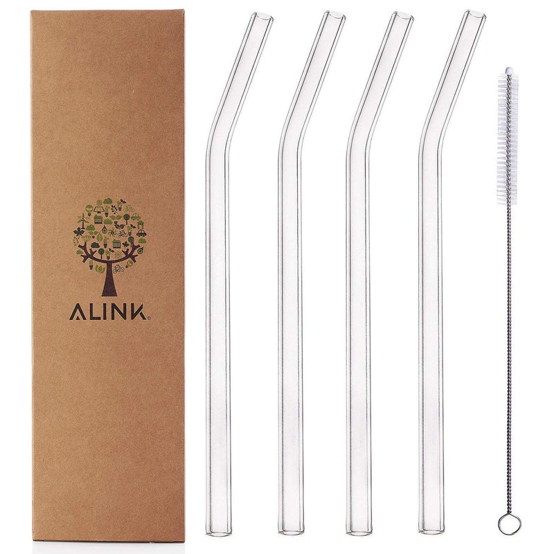 ALINK Glass Smoothie Straws, Reusable Clear Bent 9 in X 10 mm Drinking Straws, Set of 4 with Cleaning Brush - Image 1