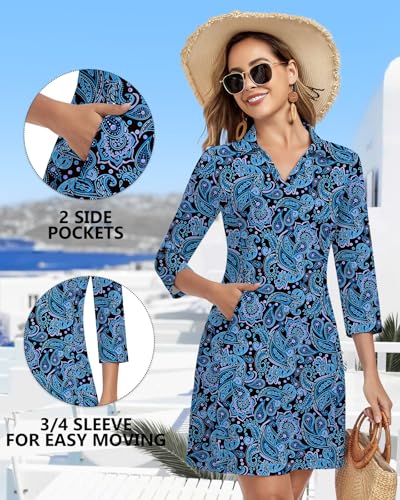 WOWENY 3/4 Sleeve Dress for Women with Pockets V Neck UPF 50+ Casual Sun Dress Breathable Quick Dry Beach Vacation (Black Paisley, XL) - Image 4