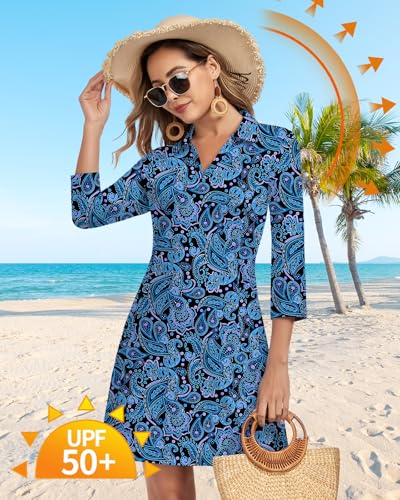 WOWENY 3/4 Sleeve Dress for Women with Pockets V Neck UPF 50+ Casual Sun Dress Breathable Quick Dry Beach Vacation (Black Paisley, XL) - Image 2