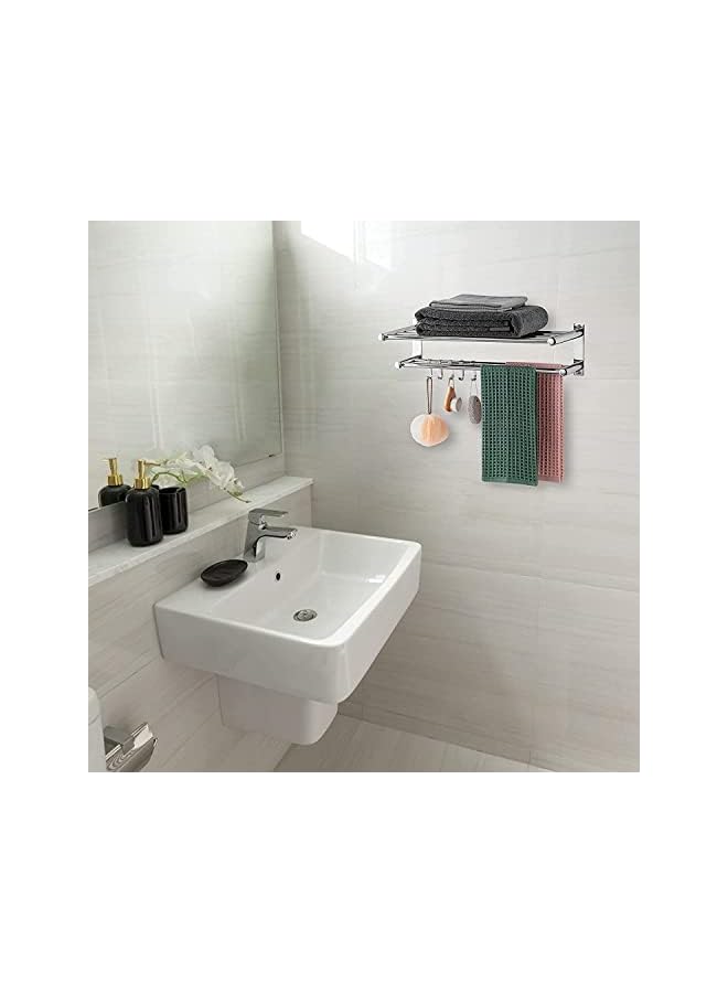 promass Bathroom Towel Rack, Towel Shelf with Two-Tier Architecture, Folding Towel Bars Wall Mount Holder, 5 Removable Hooks and Adjustable Towel Bar, Toilet Bathroom Bath Towel Cleaning Tools Holder - Image 5