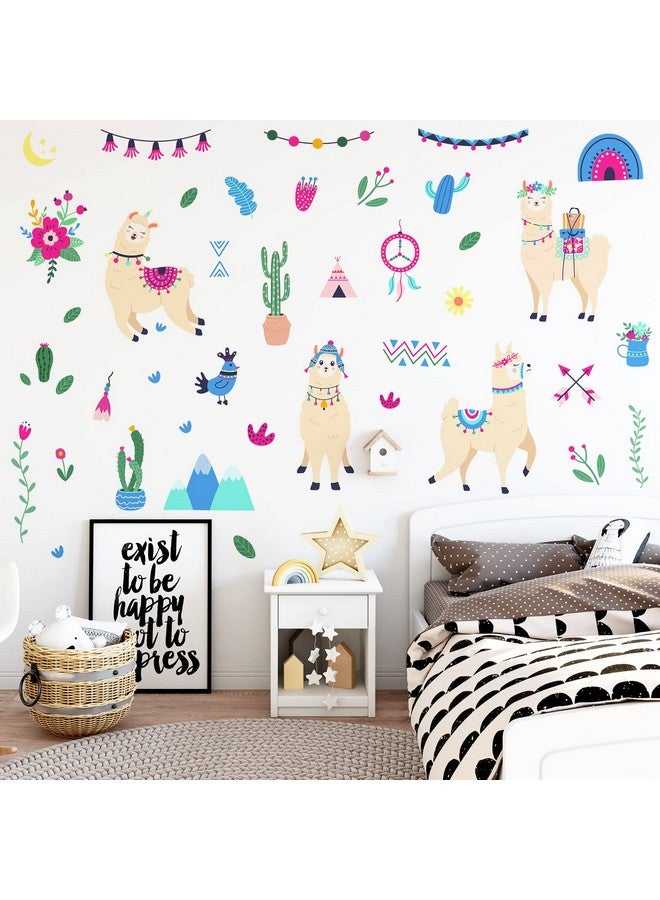 MEFOSS Cute Llamas Wall Decals Wildlife Animals Peruvian Alpaca Wall Stickers DIY Flowers Rainbow Succulents Wall Decor Stickers Kids Room Nursery Playroom Classroom Wall Decorations - Image 1