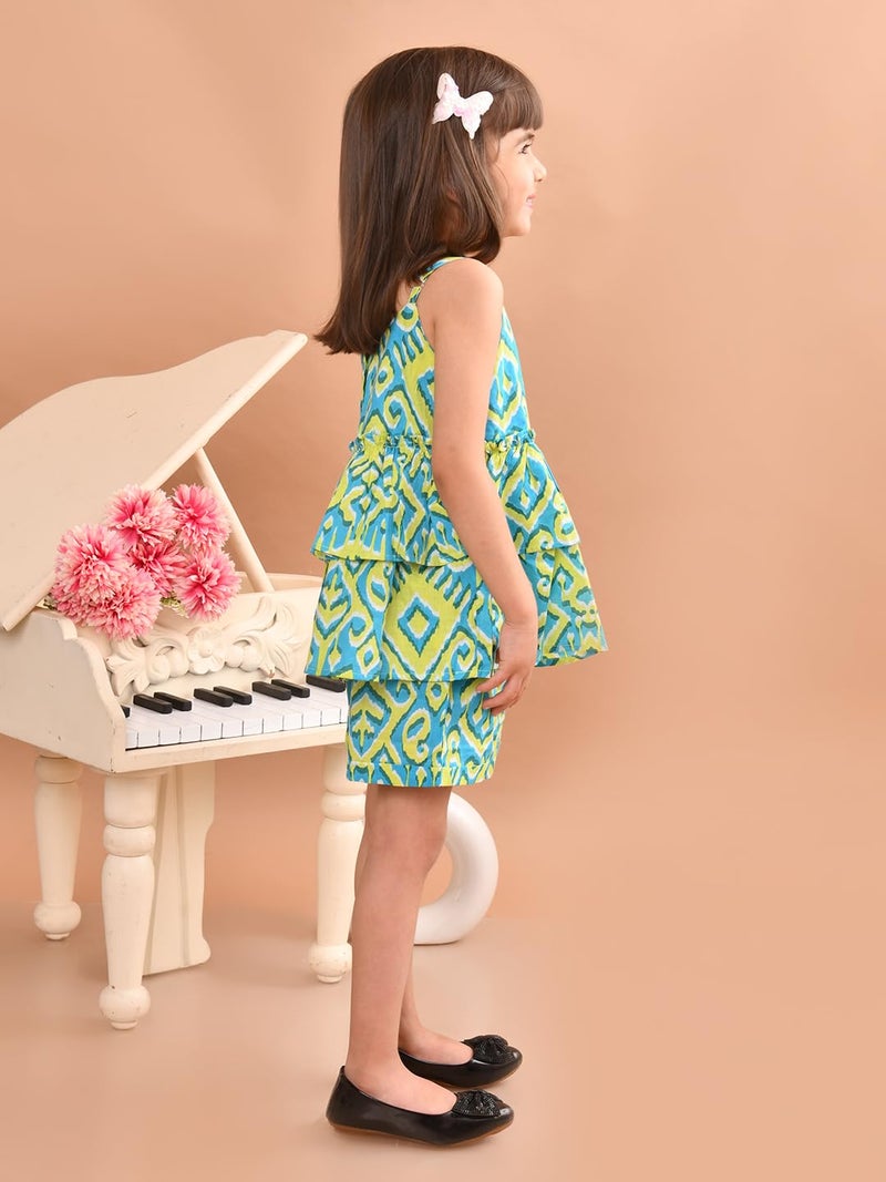 superminis Baby Girls Cotton Ikat Printed Flared Strappy Top with Matching Shorts (3-4 Years, Green) - Image 5