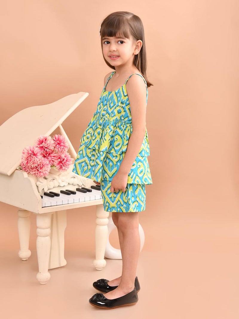 superminis Baby Girls Cotton Ikat Printed Flared Strappy Top with Matching Shorts (3-4 Years, Green) - Image 4