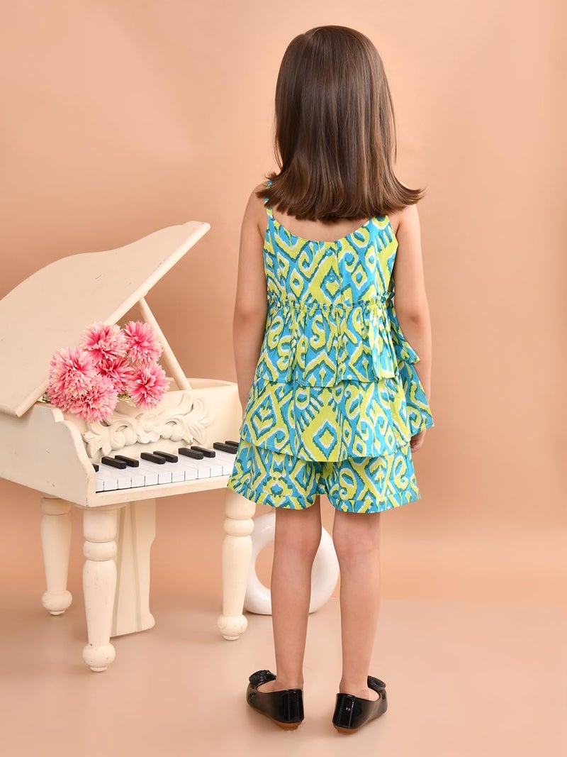 superminis Baby Girls Cotton Ikat Printed Flared Strappy Top with Matching Shorts (3-4 Years, Green) - Image 3