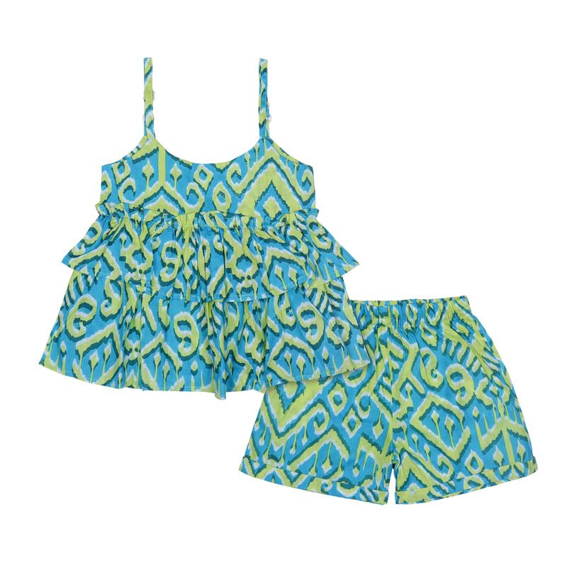 superminis Baby Girls Cotton Ikat Printed Flared Strappy Top with Matching Shorts (3-4 Years, Green) - Image 1