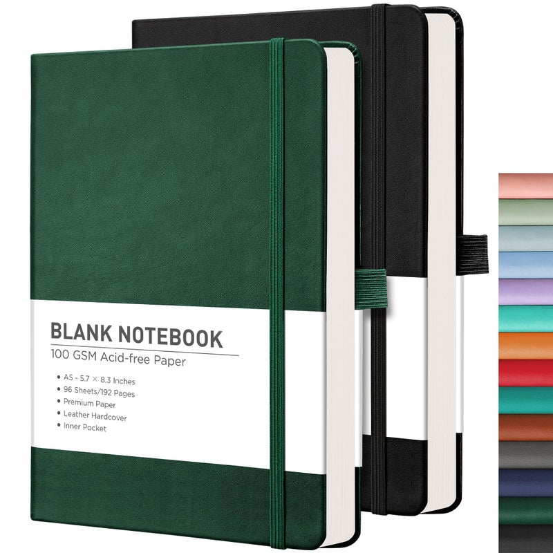 RETTACY Blank Journal Notebook, 2-Pack, 192 Pages per Pack, A5 Medium Size (5.7'' x 8.3''), Leather Hardcover, 100 GSM Thick Paper, for Sketching, Drawing, Painting (Black & Dark Green) - Image 1