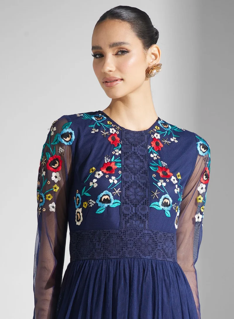 Frock and Frill Floral Embroidered Maxi Dress