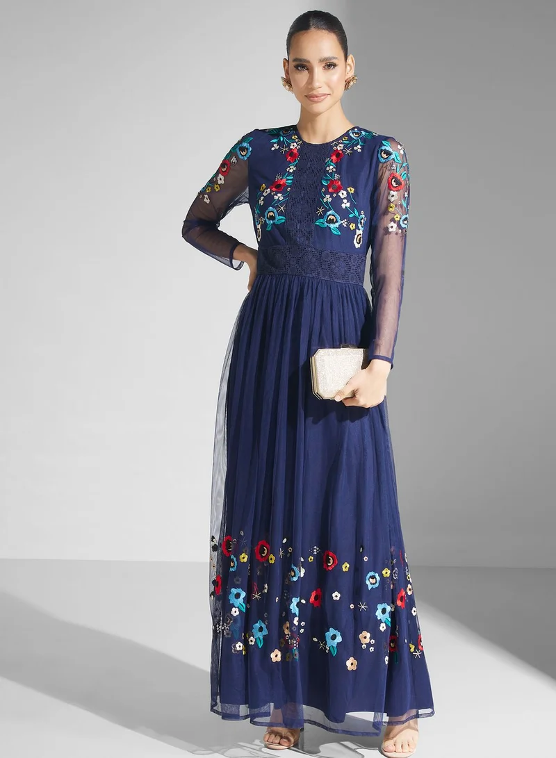 Frock and Frill Floral Embroidered Maxi Dress