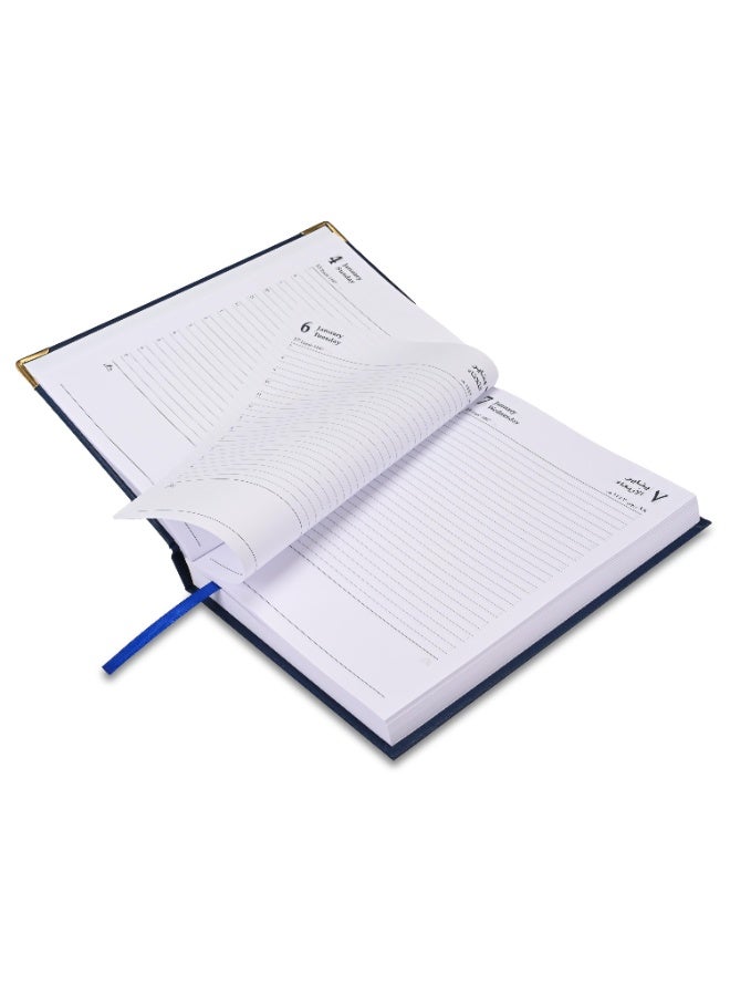 FIS مفكرة A5 2026، بحجم 148x210 مم، غلاف فينيل مبطن من جهة واحدة، تنسيق يوم في صفحة، زوايا ذهبية، ورق أبيض 60 جرام، إنجليزي/عربي، غلاف أزرق - FSDI22AE26BL - Image 4