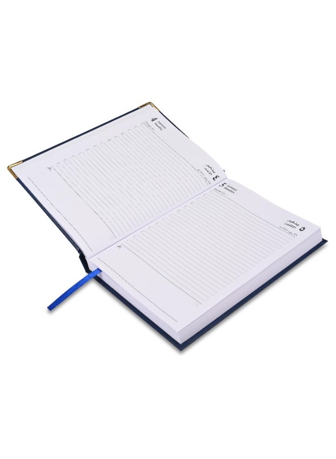FIS مفكرة A5 2026، بحجم 148x210 مم، غلاف فينيل مبطن من جهة واحدة، تنسيق يوم في صفحة، زوايا ذهبية، ورق أبيض 60 جرام، إنجليزي/عربي، غلاف أزرق - FSDI22AE26BL - Image 3