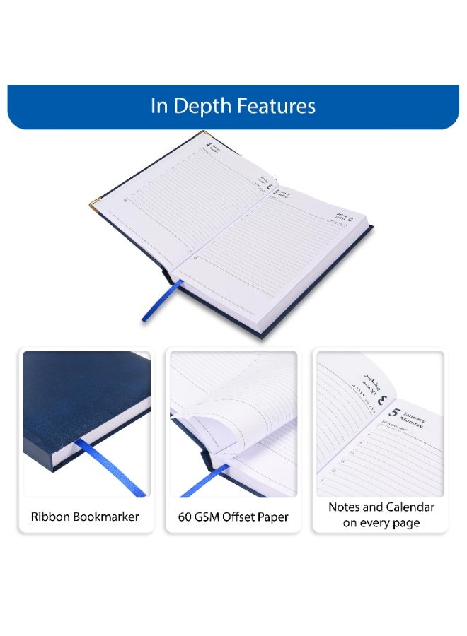FIS مفكرة A5 2026، بحجم 148x210 مم، غلاف فينيل مبطن من جهة واحدة، تنسيق يوم في صفحة، زوايا ذهبية، ورق أبيض 60 جرام، إنجليزي/عربي، غلاف أزرق - FSDI22AE26BL - Image 5