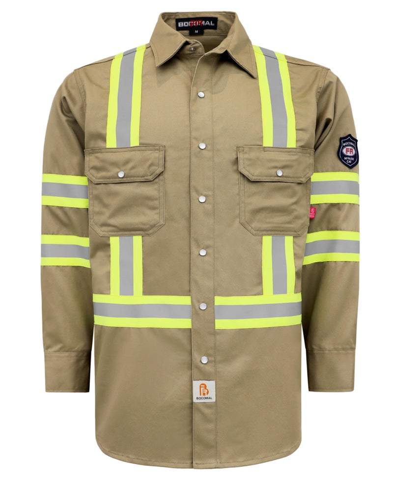 BOCOMAL FR Shirts Hi Vis/High Visibility Flame Resistant/Fire Retardant Shirt 7.5oz Khaki FR Shirts for Men