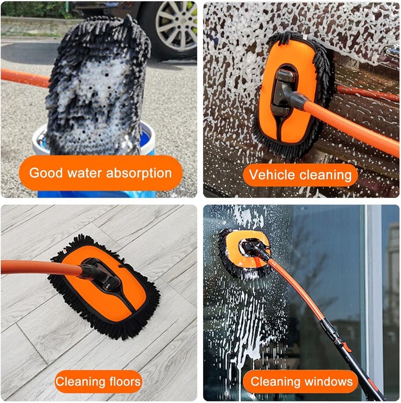 كاست ويف فرشاة غسيل السيارات بمقبض طويل، قفاز ممسحة غسيل السيارات من الألياف الدقيقة بمقبض طويل وفرشاة عدة تنظيف السيارات، عدة تنظيف السيارات بعمود تمديد منحني بزاوية 15 درجة وعدة غسيل السيارات للمركبات الترفيهية والشاحنات والكامبر - Image 2