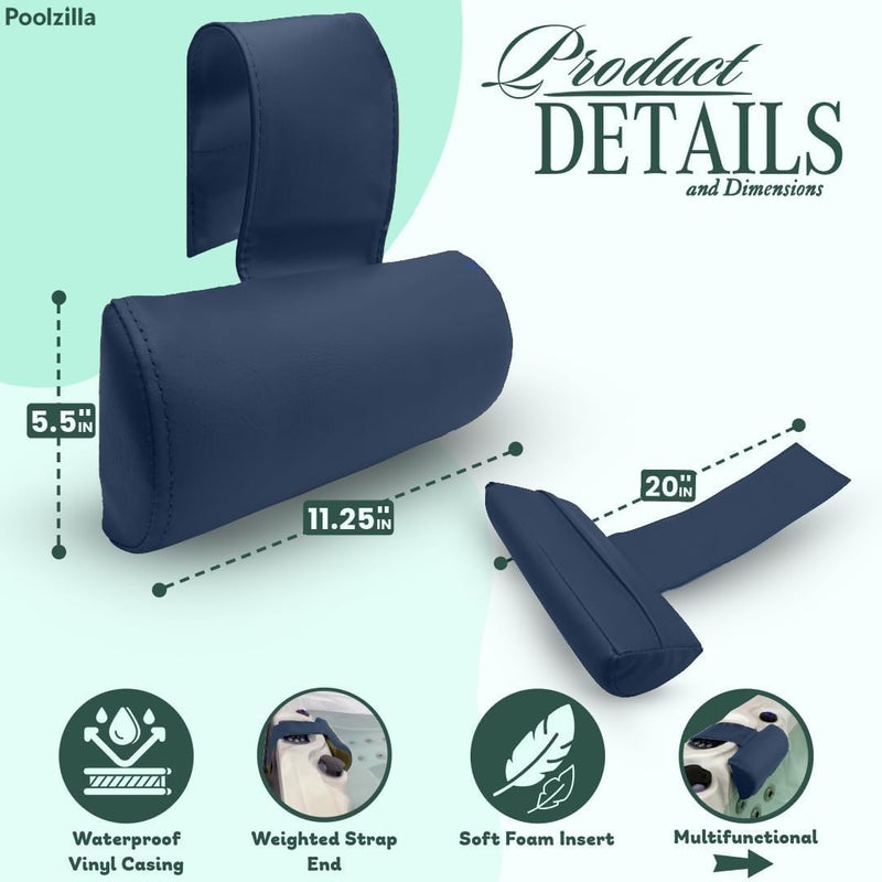 Poolzilla Universal Blue Spa Pillow, Made of Soft Foam for Outdoor Hot Tubs and Chaise lounges - Adjustable Headrest and Weighted That Fits Any Spa - Image 2