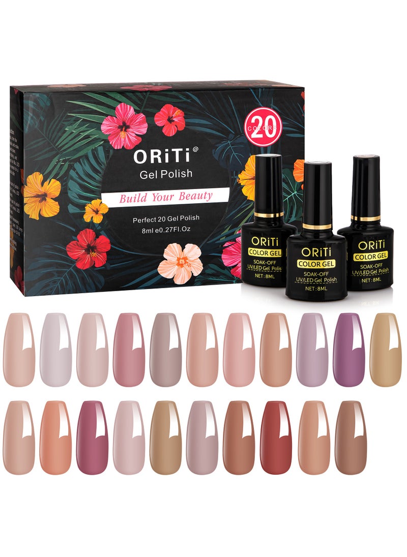 ORiTi Gel Nail Polish Set 20+4 PCS Nude Brown Pink Grey Colors Soak Off Neutral Skin Tone Starter Kit with Glossy Matte Top Base Coat For Nail Art Salon Gifts for Women  #3  - Image 1